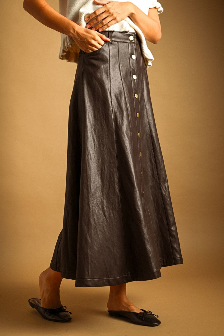 Maxine Faux Leather Skirt in brown, side view