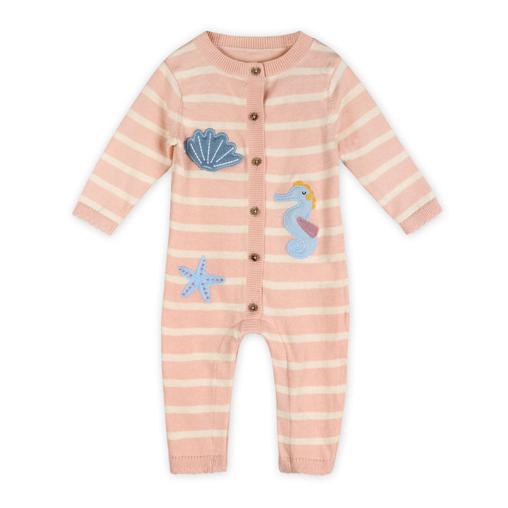 Mermaid Cove Baby Jumpsuit in pink striped organic cotton knit with embroidered ocean details