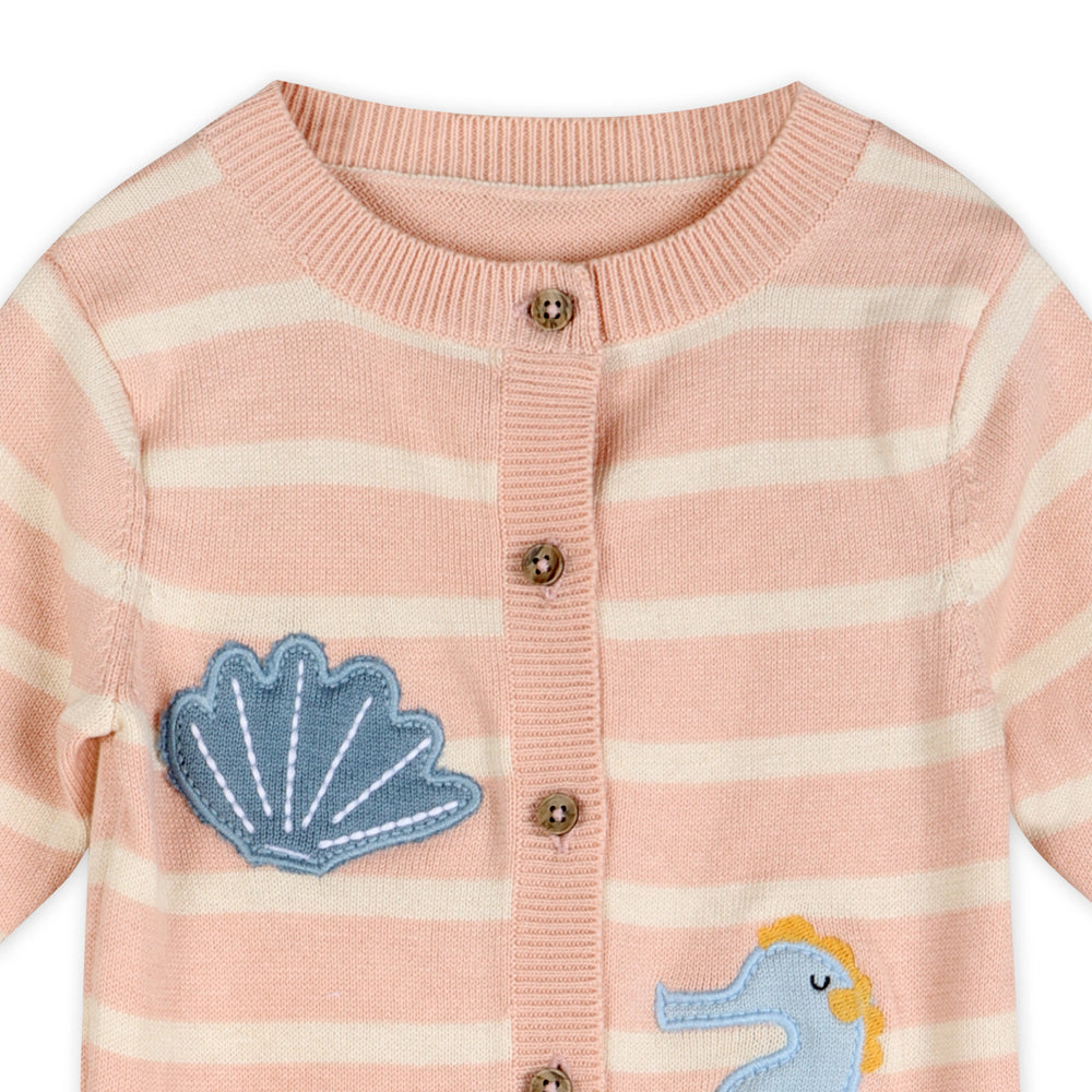 Embroidered shell, starfish, and seahorse on pink striped baby knit jumpsuit