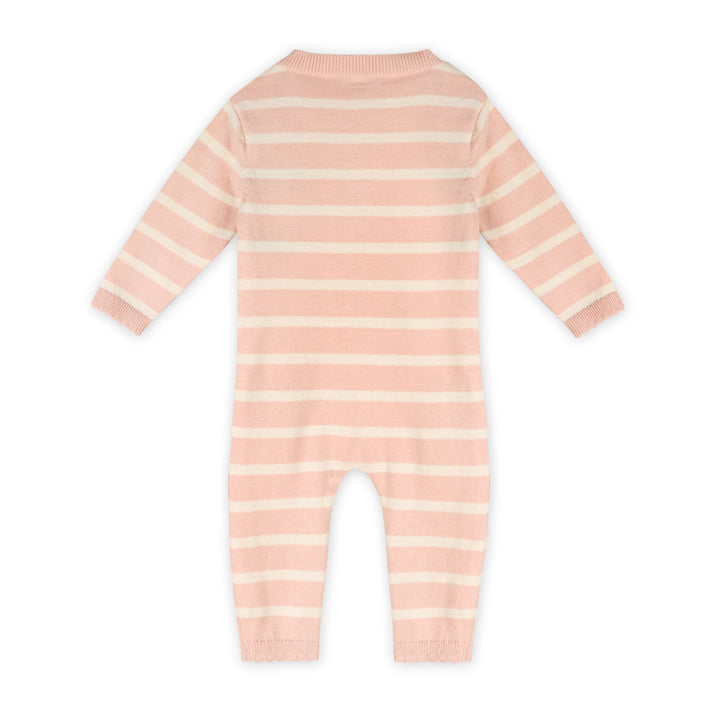 Sweet pink striped baby jumpsuit with full front button opening by Viverano