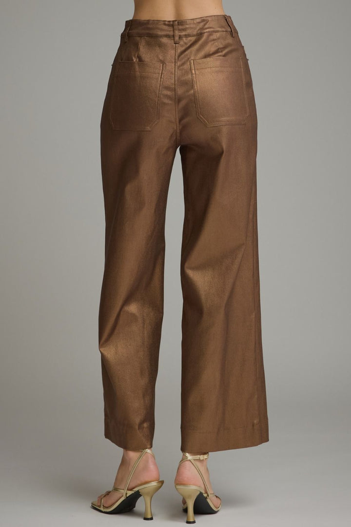 Mocha Metallic Wide Leg Pant in metallic brown, back view showing back pockets
