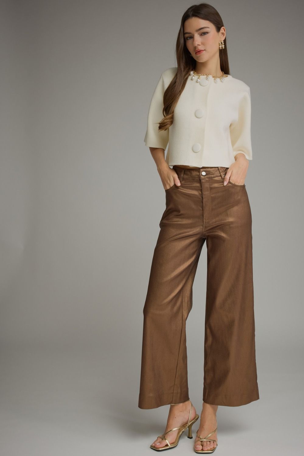 Mocha Metallic Wide Leg Pant in metallic brown, full-length view styled with cream cropped cardigan