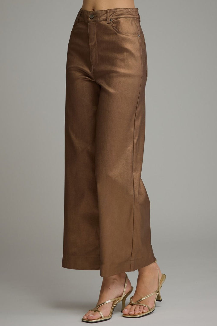 Mocha Metallic Wide Leg Pant in metallic brown, three-quarter view