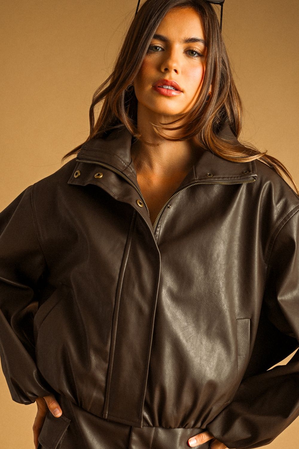 Mocha Moto Jacket in double espresso, close-up of stand collar and zip front