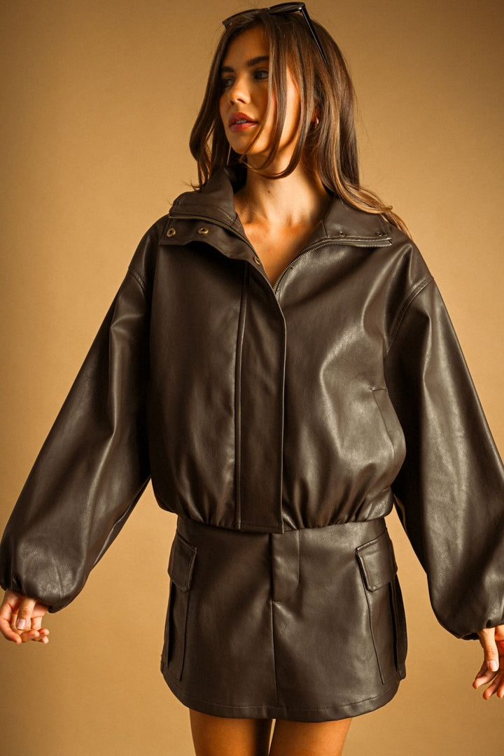 Mocha Moto Jacket in double espresso, front view showing stand collar and cinched hem