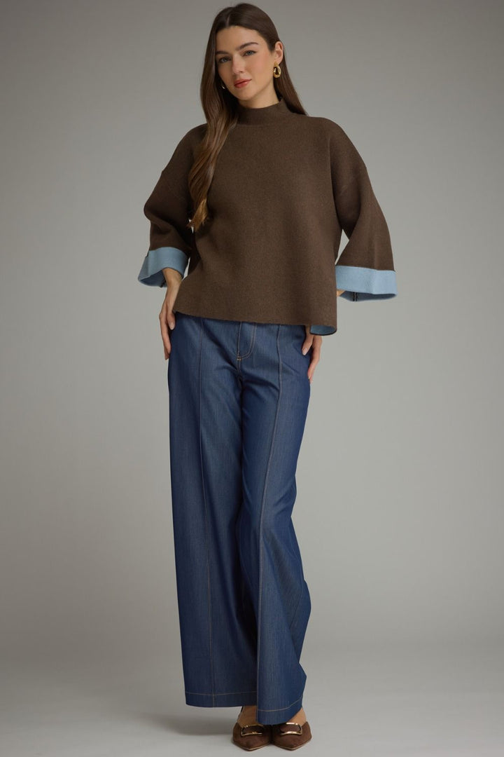 Mochaccino Mock Neck Sweater in brown, full-length view styled with wide-leg jeans