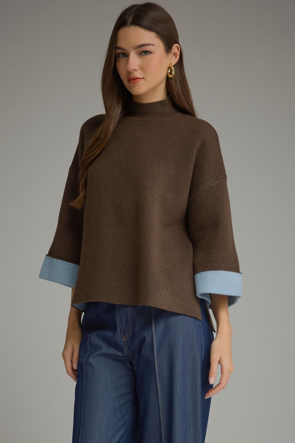 Mochaccino Mock Neck Sweater in brown, three-quarter front view