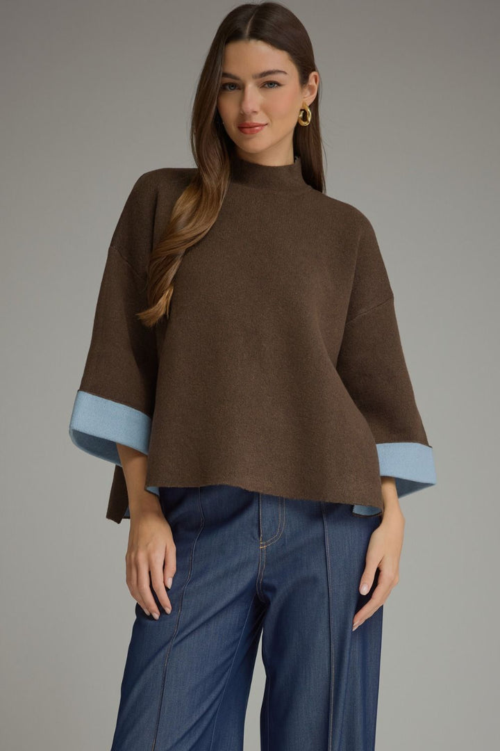 Mochaccino Mock Neck Sweater in brown with light blue tipped cuffs, front view
