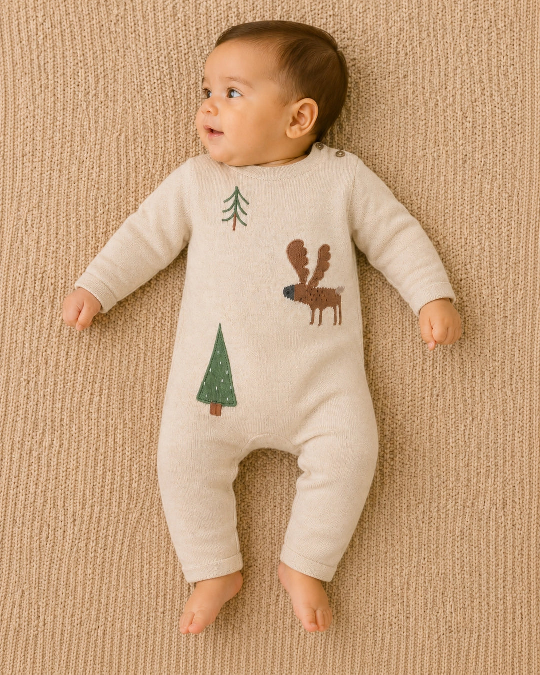 Moose Applique Knit Baby Jumpsuit in oatmeal organic cotton with embroidered trees