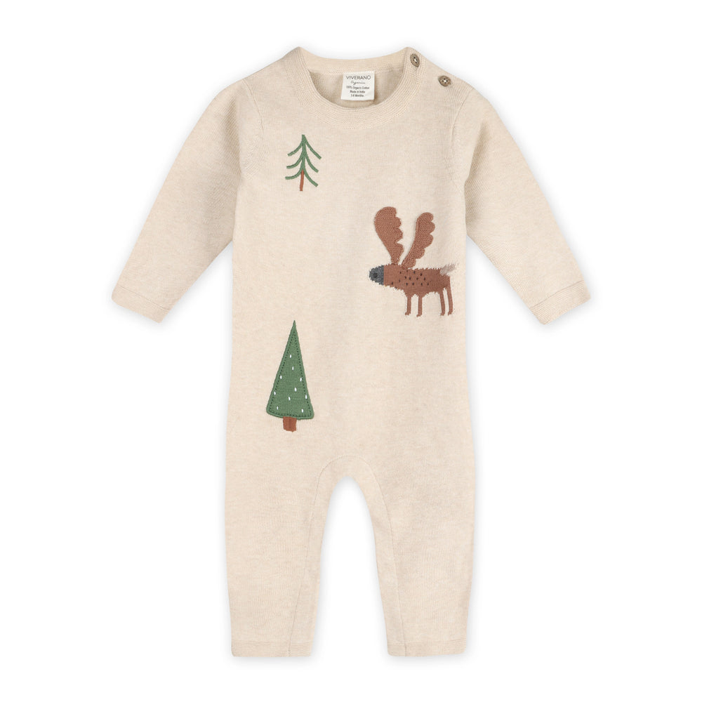 Oatmeal knit baby jumpsuit with moose appliqué and shoulder button closures