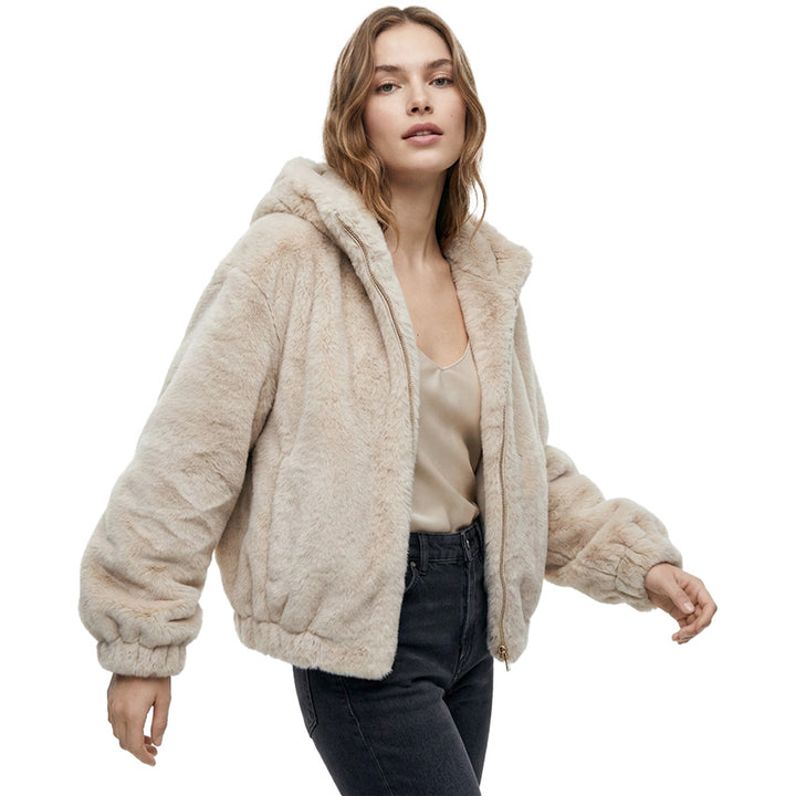 Muse Faux Fur Coat in Beige, hooded faux fur jacket