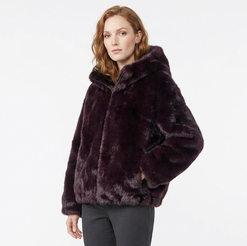 Muse Faux Fur Coat in Burgundy, hooded faux fur jacket