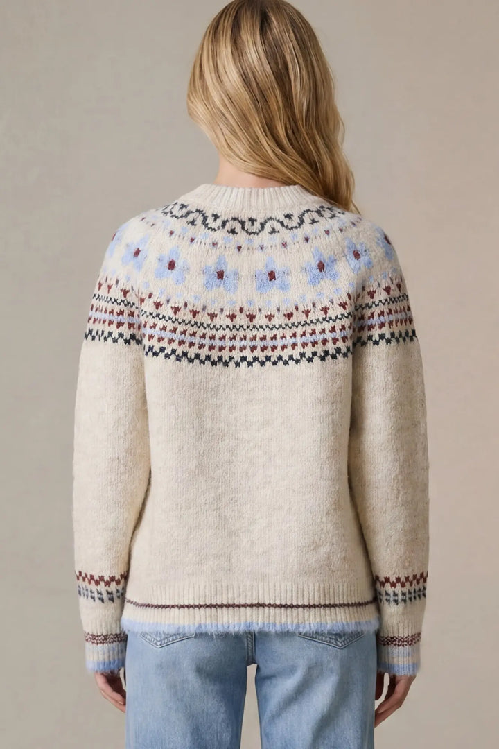 Nordic Nights Cardigan in cream, back view showing Fair Isle yoke