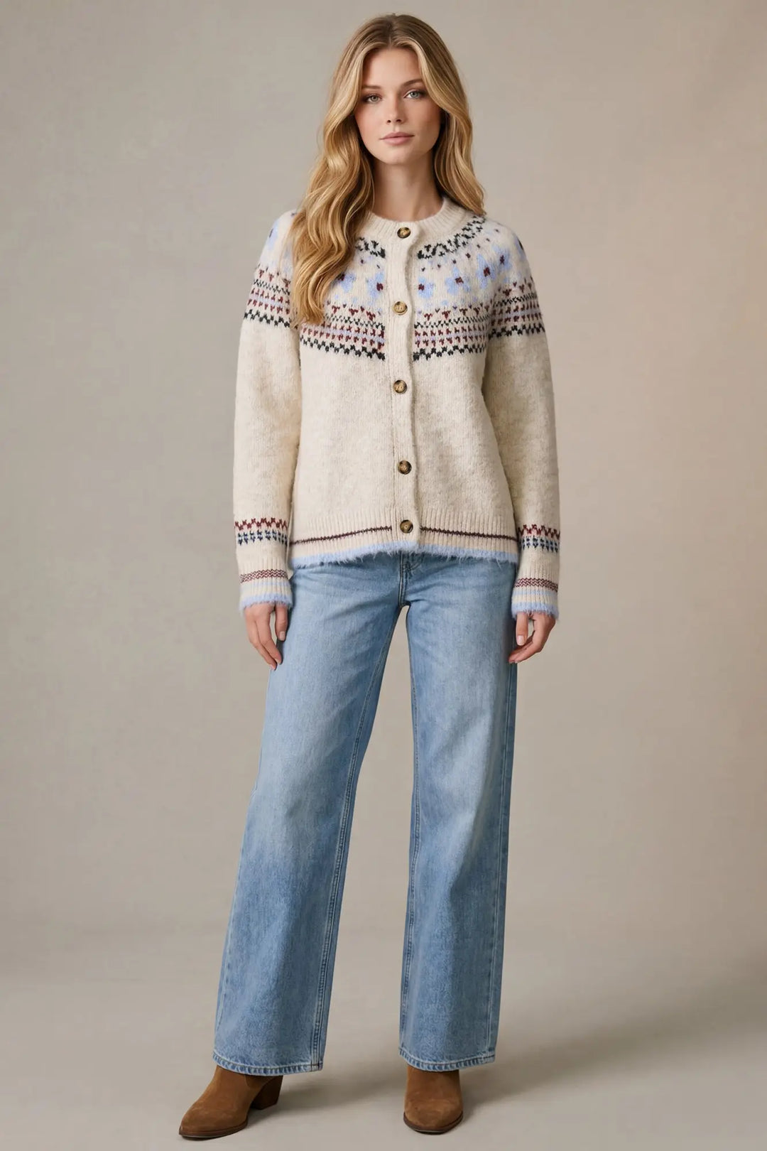Nordic Nights Cardigan in cream, full-length view styled with wide-leg jeans