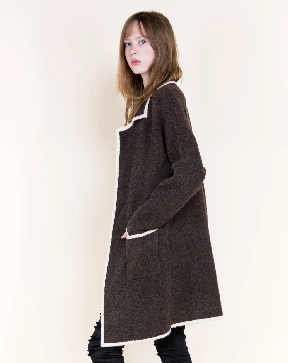 Brown notch lapel long cardigan from Original at Just Girls Boutique