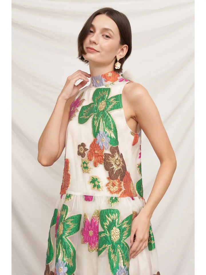 Petal Organza Halter Dress in cream multi floral, close-up of halter neckline and floral organza