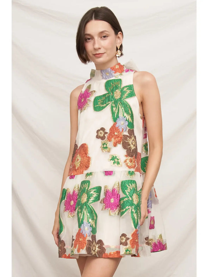 Petal Organza Halter Dress in cream multi floral, front view