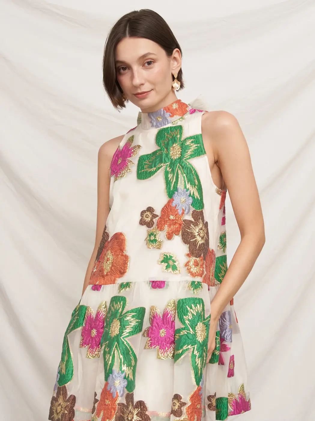 Petal Organza Halter Dress in cream multi floral, front view