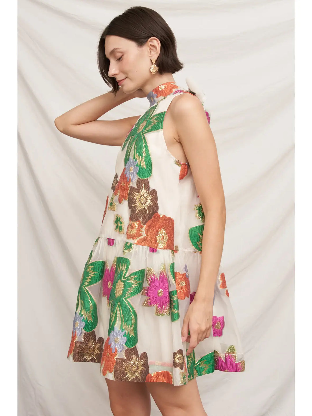 Petal Organza Halter Dress in cream multi floral, side view