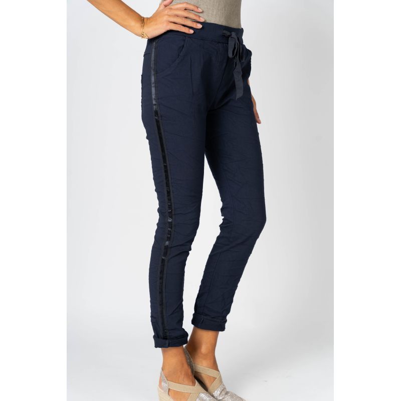 Navy jogger pants with a plain background