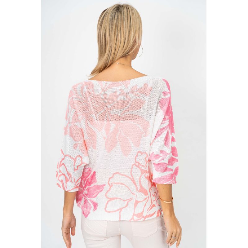 Woman wearing a pink floral blouse on a white background
