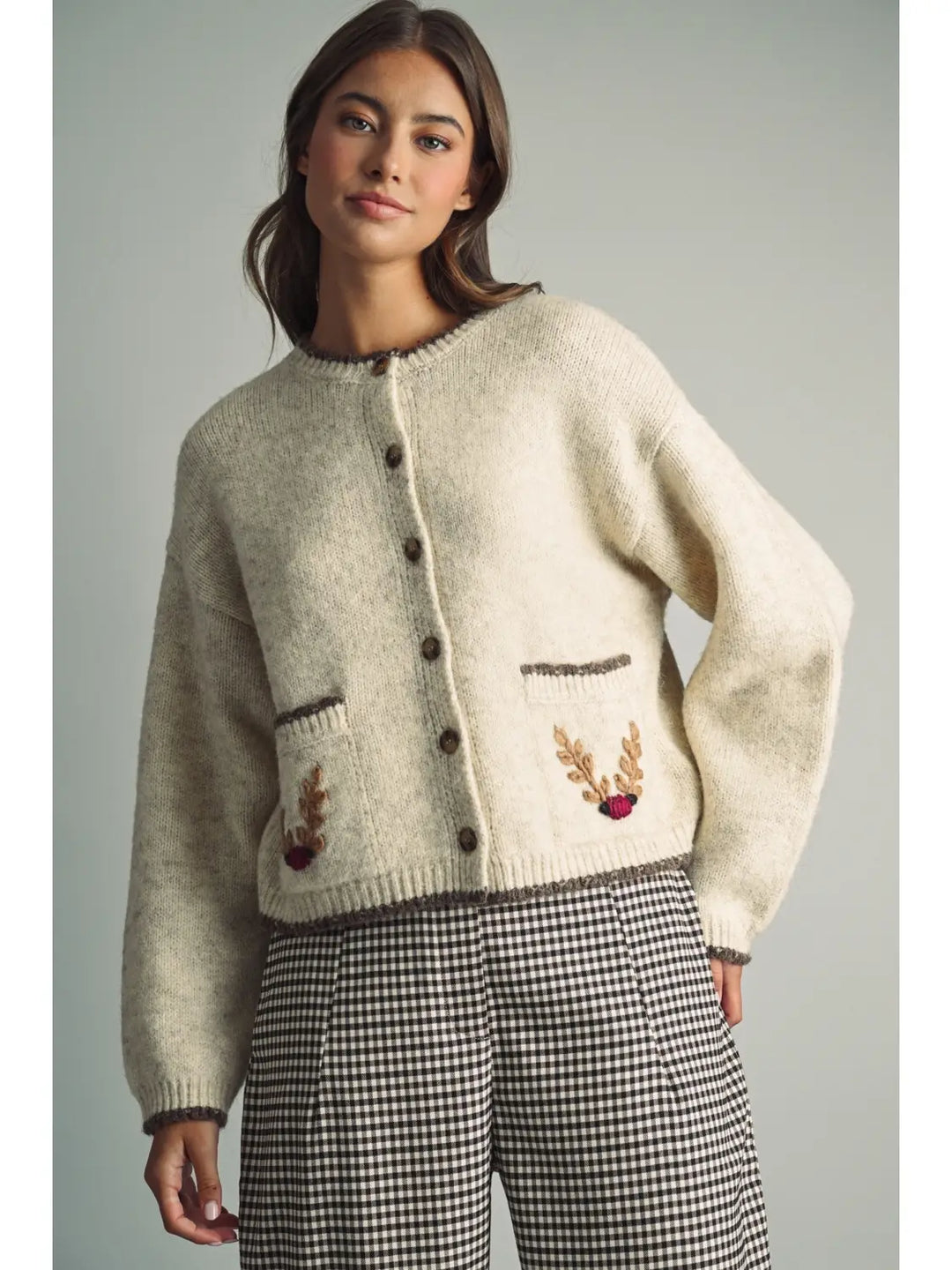 Reindeer Games Pocket Cardigan in oatmeal with brown trim, front view styled with gingham pants
