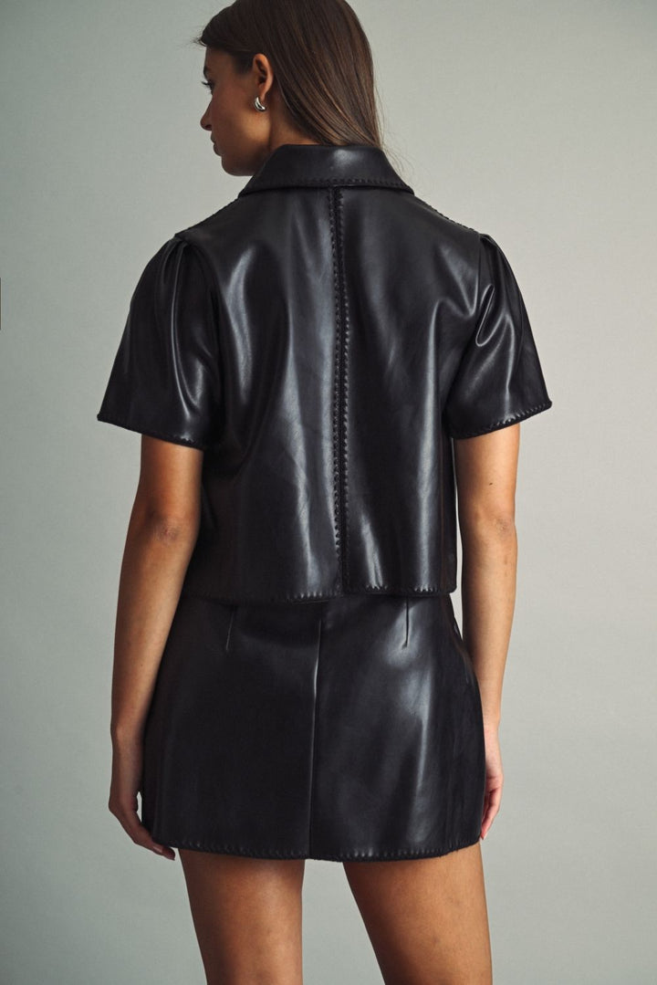 Rhodes Faux Leather Zip Top in black, back view