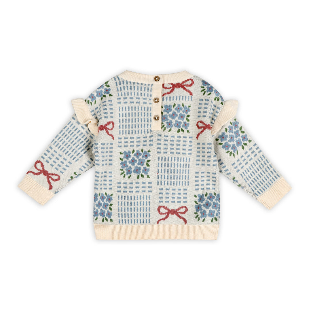 Ribbon &amp; Bow Baby Sweater in ecru organic cotton jacquard knit with blue florals and red bows