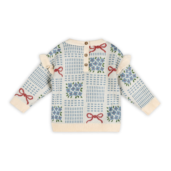 Ribbon &amp; Bow Baby Sweater in ecru organic cotton jacquard knit with blue florals and red bows