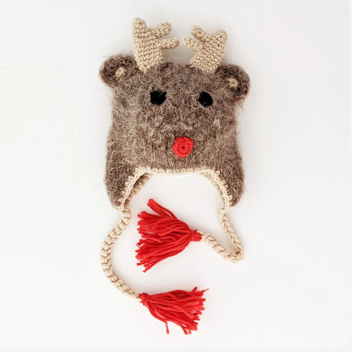Brown hand-knit Rudolph Baby Hat earflap beanie with tan antlers, red nose and red tassel ties