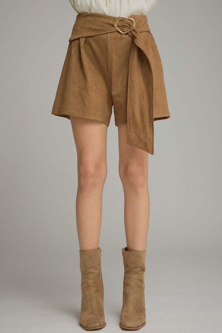Sienna Faux Suede Wrap Shorts in Brown by Entro