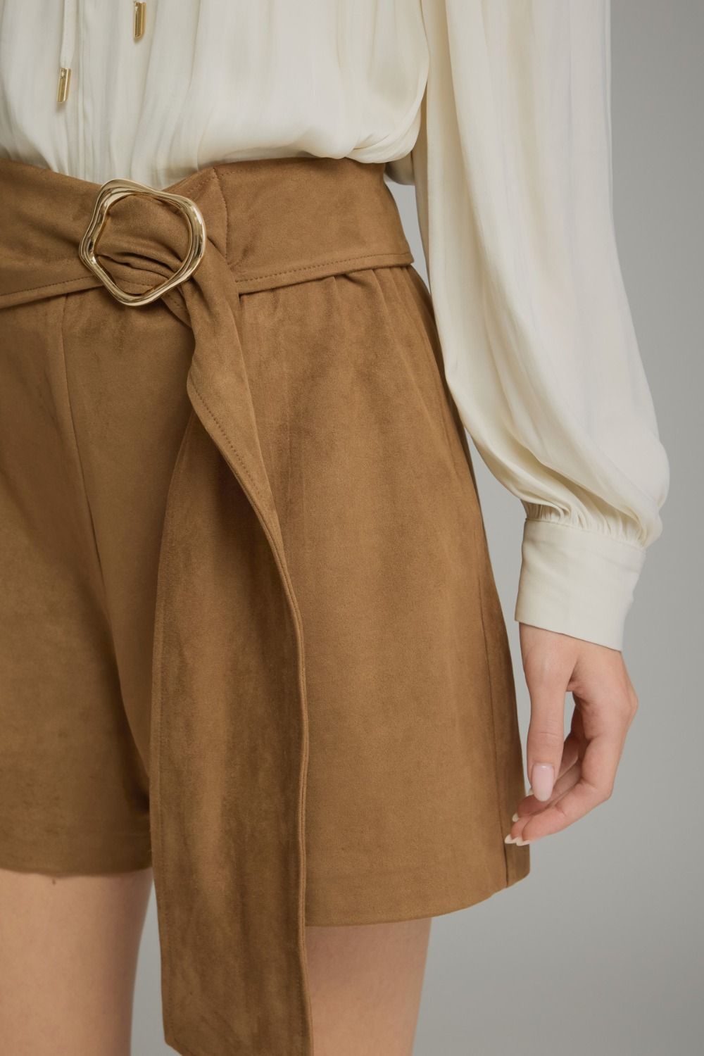 Sienna Faux Suede Wrap Shorts in Brown by Entro, view 2