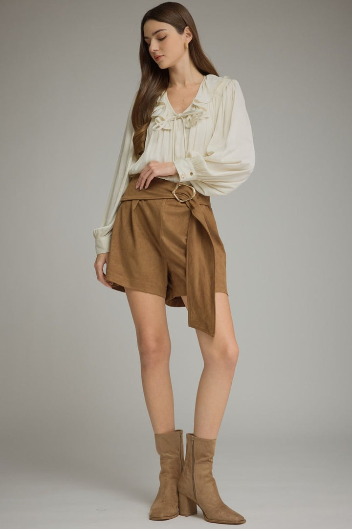 Sienna Faux Suede Wrap Shorts in Brown by Entro, view 4