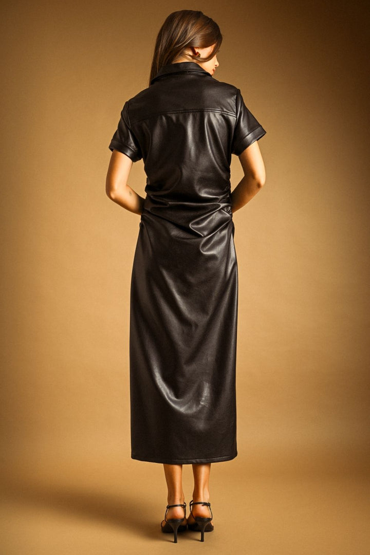 Simone Faux Leather Shirtdress in black, back view