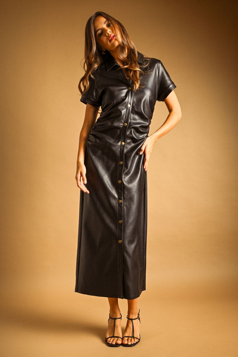 Simone Faux Leather Shirtdress in black, front view