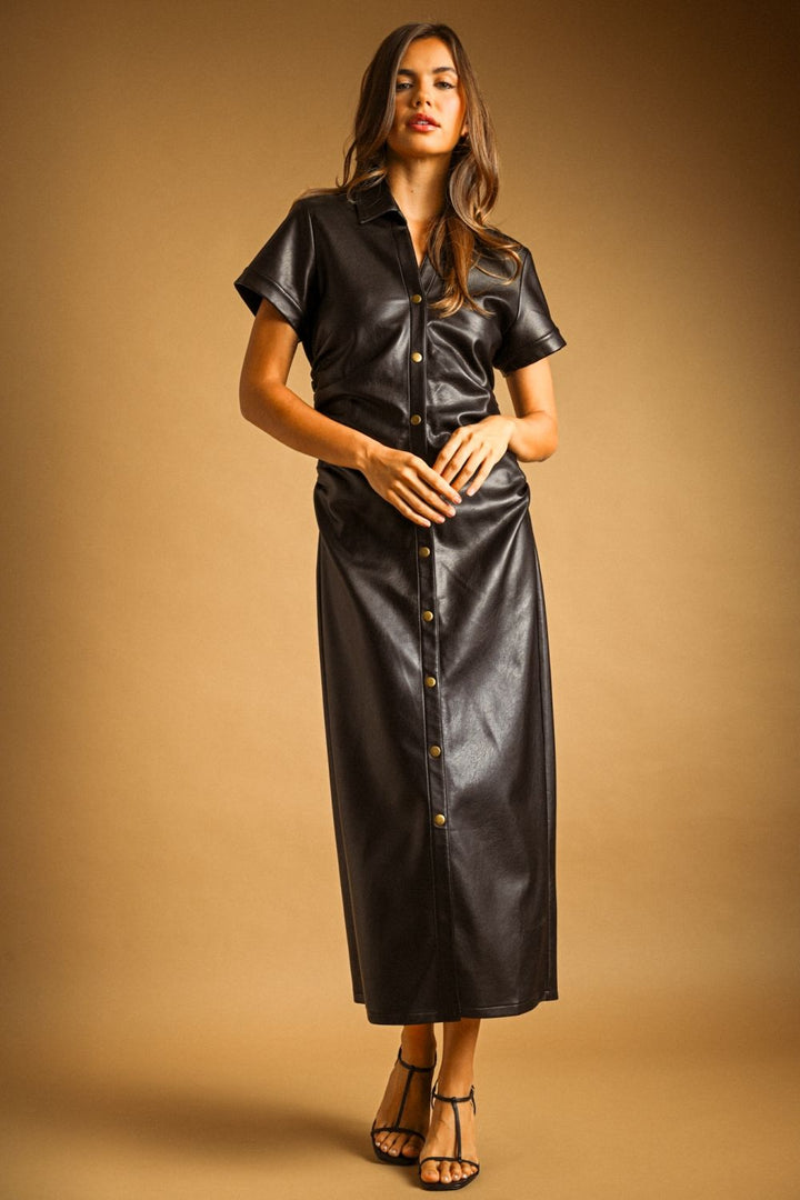 Simone Faux Leather Shirtdress in black, full-length front view