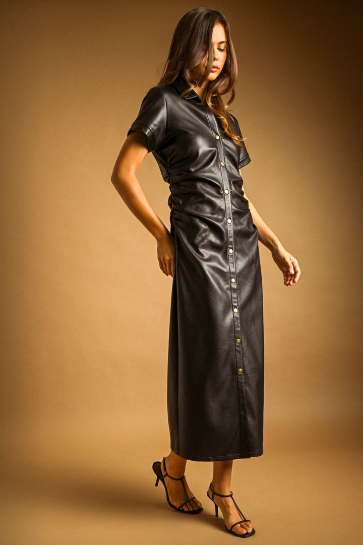 Simone Faux Leather Shirtdress in black, side view showing gathered waist