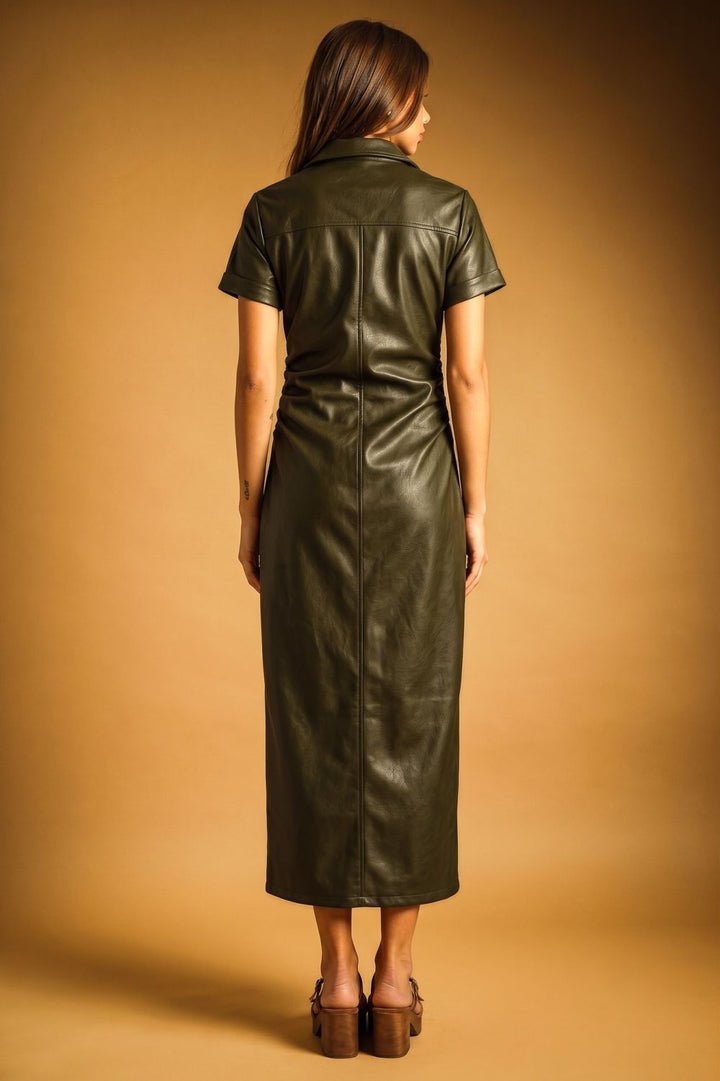 Simone Faux Leather Shirtdress in olive, back view
