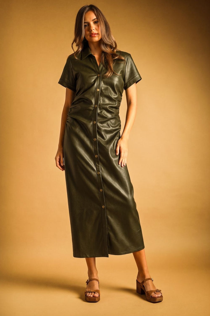 Simone Faux Leather Shirtdress in olive, full-length front view