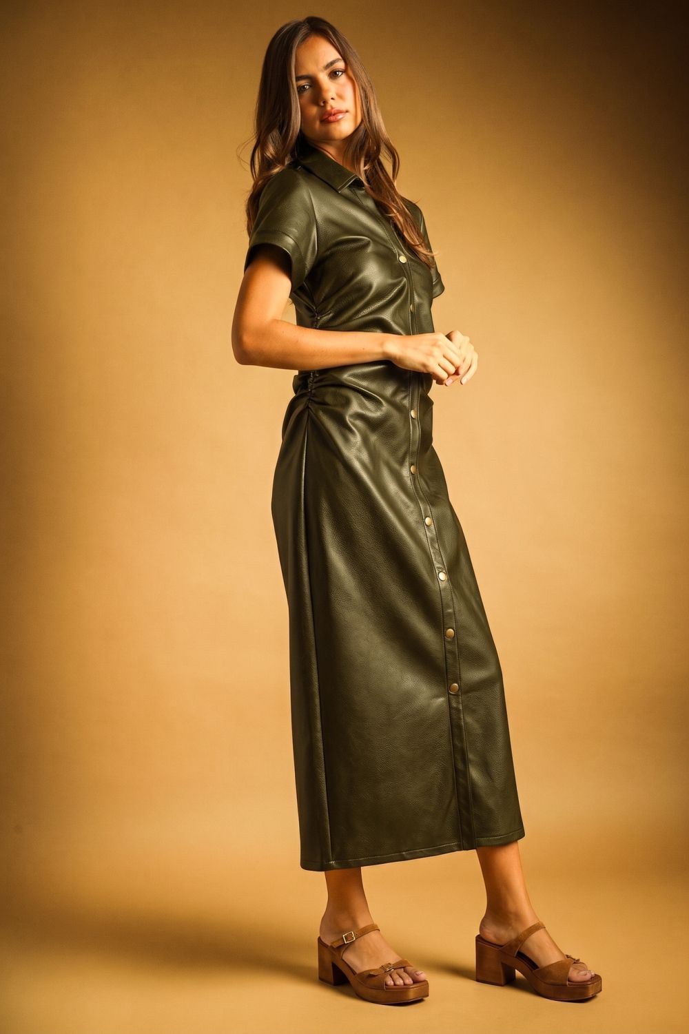 Simone Faux Leather Shirtdress in olive, side view