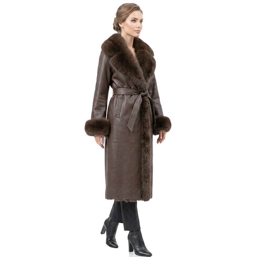Siren Faux Leather Coat in Coffee, long belted faux leather coat with faux fur collar and cuffs