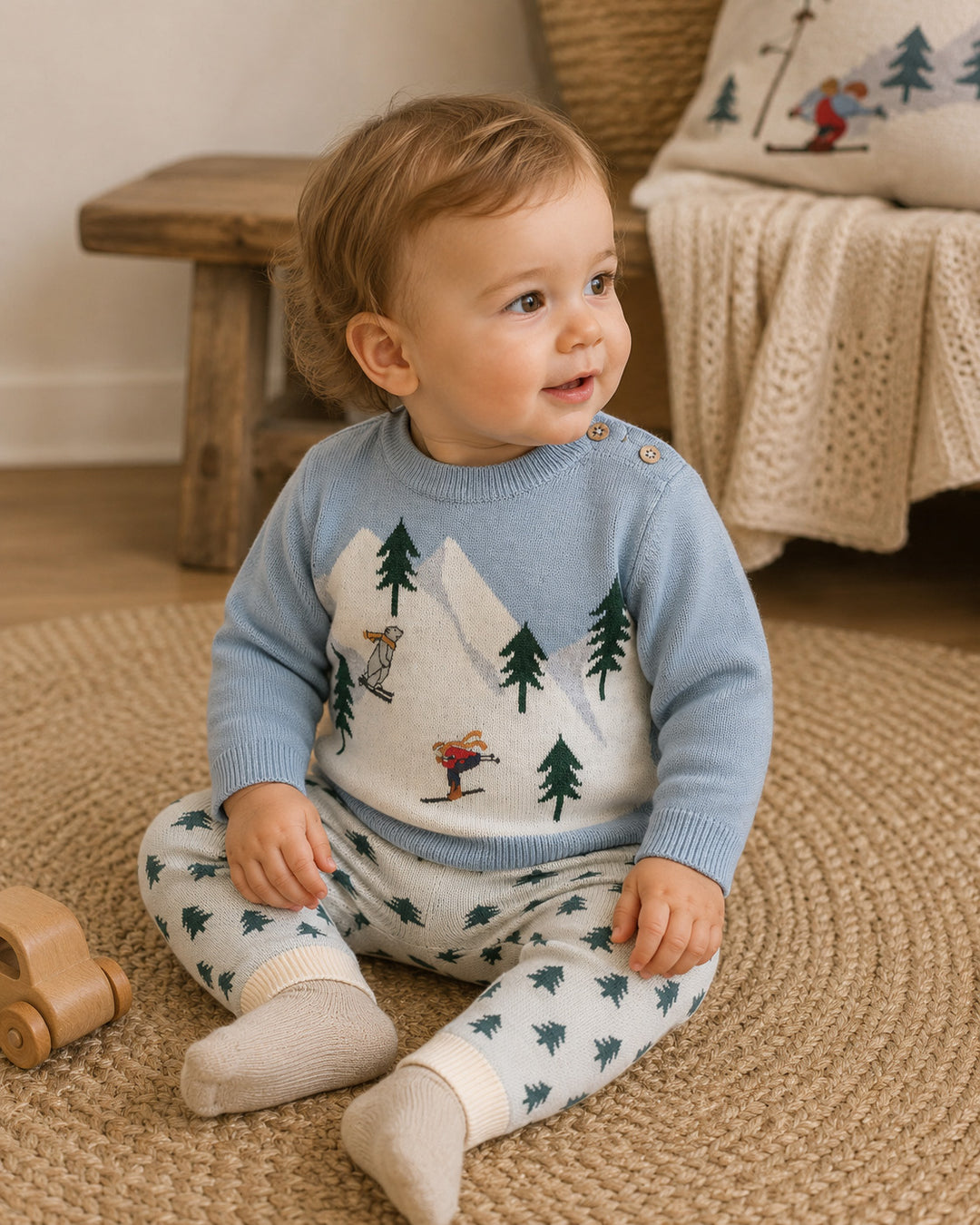 Ski Lodge Baby Sweater &amp; Pant Set in mineral blue organic cotton knit with ski scene