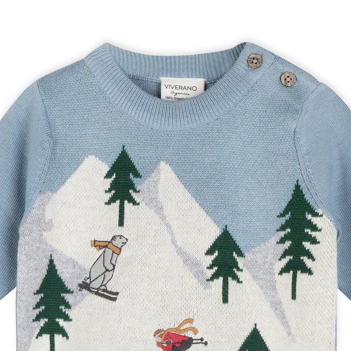 Scarf-wearing polar bear skier detail on the Ski Lodge Baby Sweater