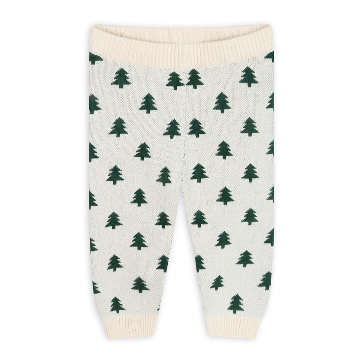 Ecru baby knit pants with evergreen tree print from the Ski Lodge set