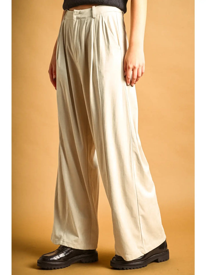 Sonoma Suede Pleated Pants in ash beige, three-quarter view showing front pleats