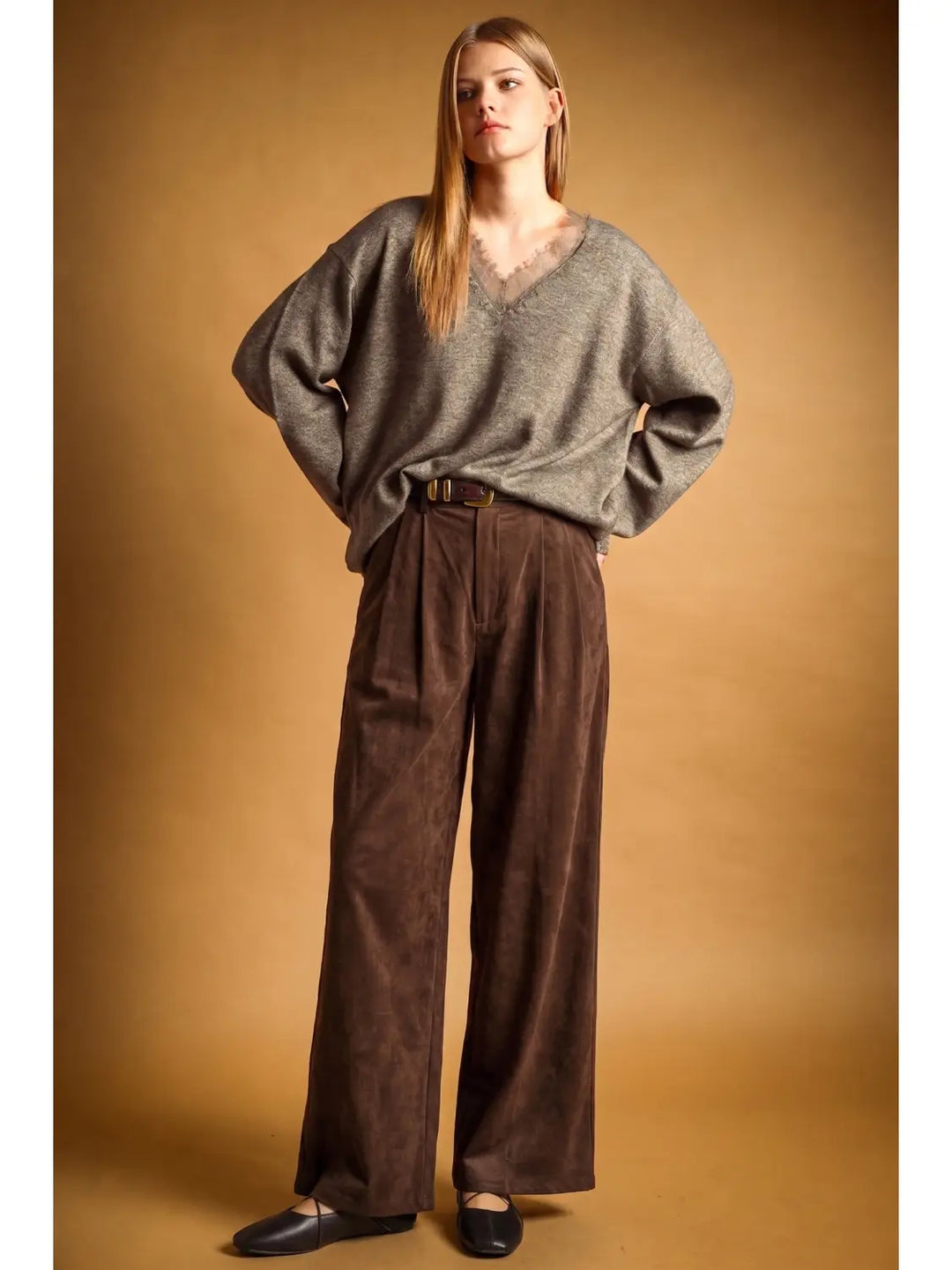Sonoma Suede Pleated Pants in coffee, full-length view styled with a grey V-neck sweater