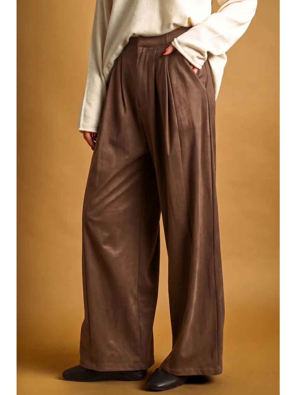 Sonoma Suede Pleated Pants in coffee, three-quarter view showing front pleats