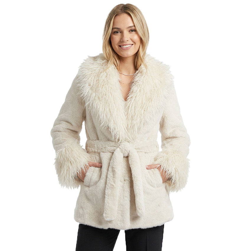 Spotlight Faux Fur Wrap Coat in Cream, belted faux fur wrap coat with shaggy collar and cuffs