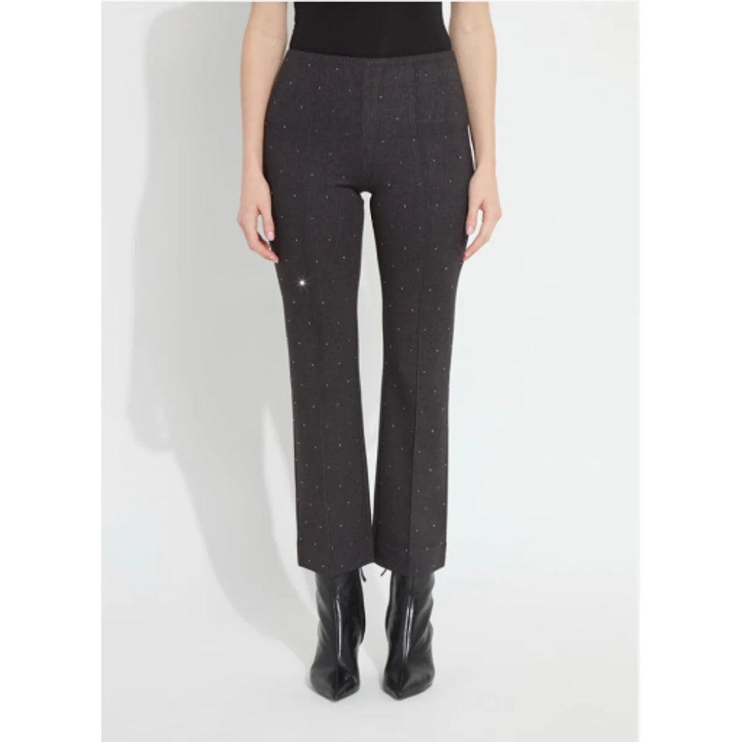 Crystal Embellished Ankle Pant in charcoal with scattered crystals and front seams, front view