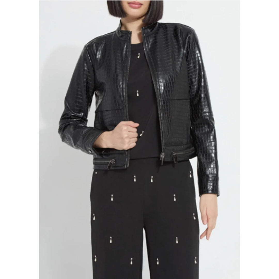 Yara Embossed Vegan Leather Moto Jacket in black croc-embossed finish with zip front, front view